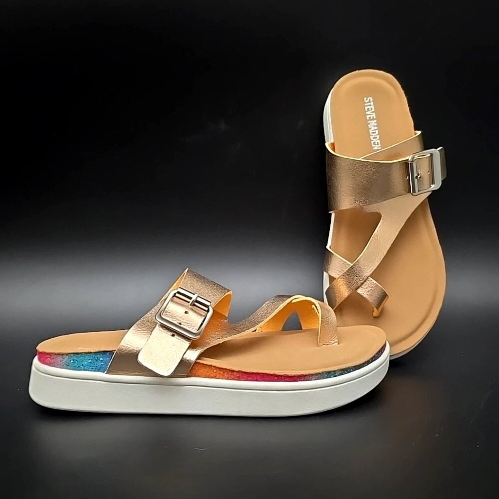 Steve Madden JWished Platform Sandals Rose Gold Rainbow Trim Girl's Size 2